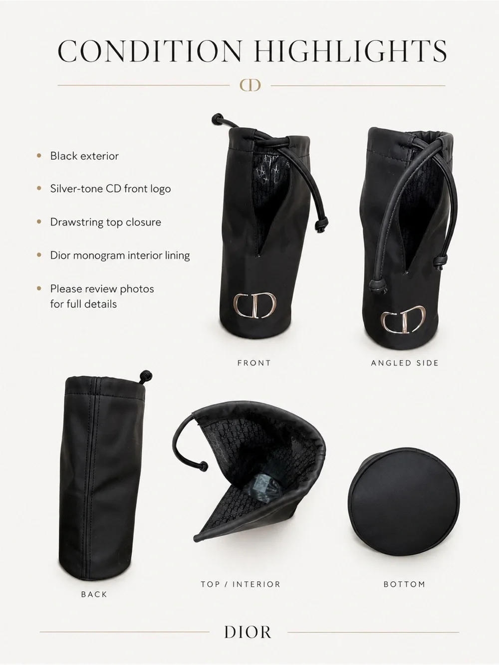Dior Black CD Drawstring Beauty Pouch Cosmetic Bag